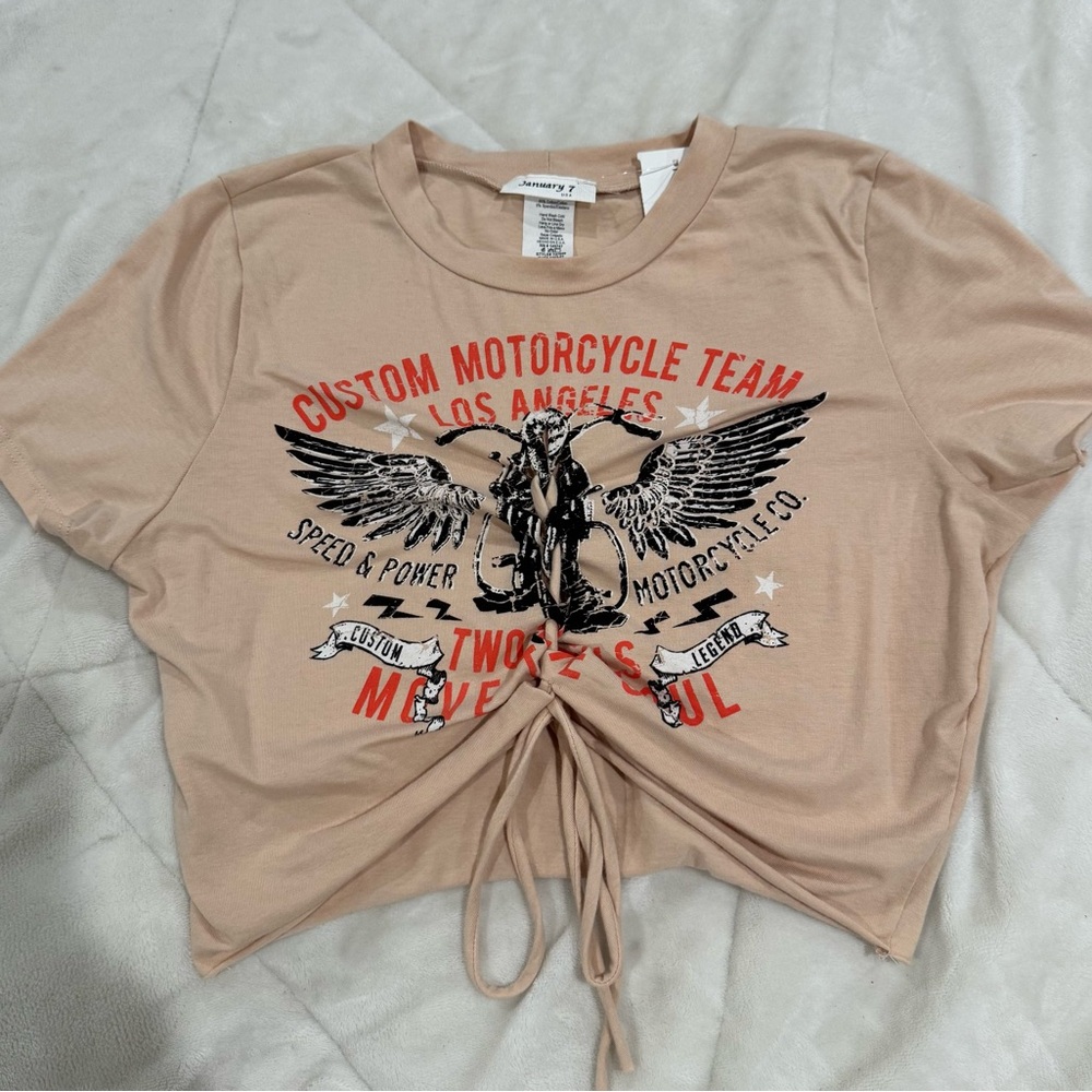 Motorcycle Graphic Tee Cropped Tie Front Top, Size L Edgy Moto NEW